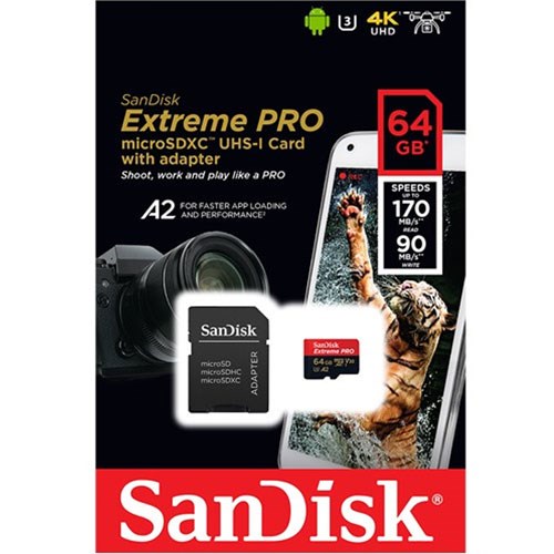 SANDISK EXTREME PRO microSDXC 64GB 170MB/s UHS-I U3 + Adaptador SD